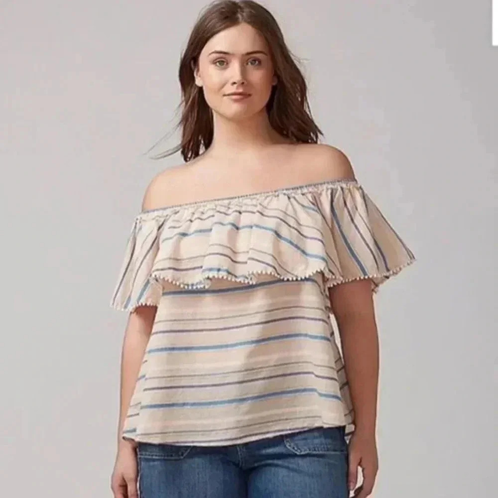 Lane Bryant OFfF Shoulder Pink Stripe ruffle 100% Cotton‎ Top Size 22/24